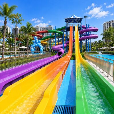 kwaliteit High Speed Water Slide Glasvezel Multi Lane Racing Flume Ride Voor waterparken Fabriek